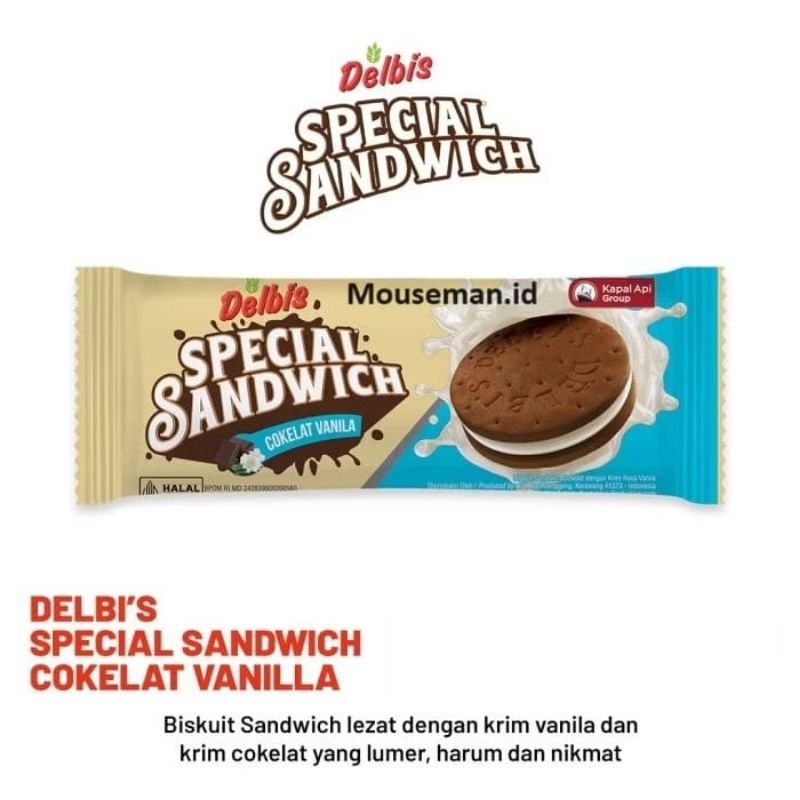 

GRNJL Delbis SPECIAL SANDWICH COKELAT VANILA Wafer Biskuit Sandwich Cokelat dengan Krim Rasa Vanila 19gr