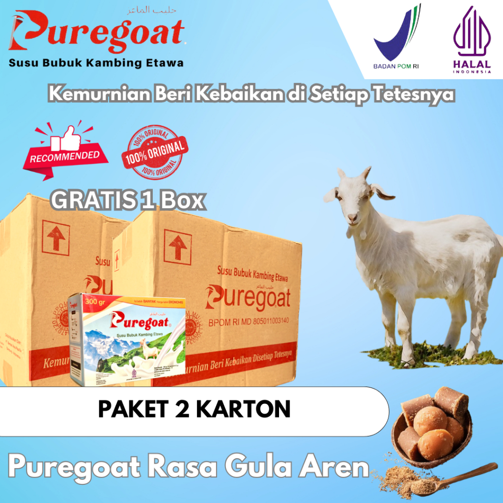 

Puregoat - PAKET RESELLER 1 Susu Bubuk Kambing Etawa Gula Aren Murni - Paket 2 Karton GRATIS 1 BOX