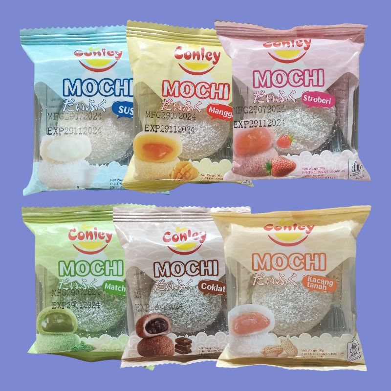 

CONLEY MOCHI Stroberi, Kacang Tanah, Matcha, Mangga, Susu, dan Coklat 30gr (12 pcs)