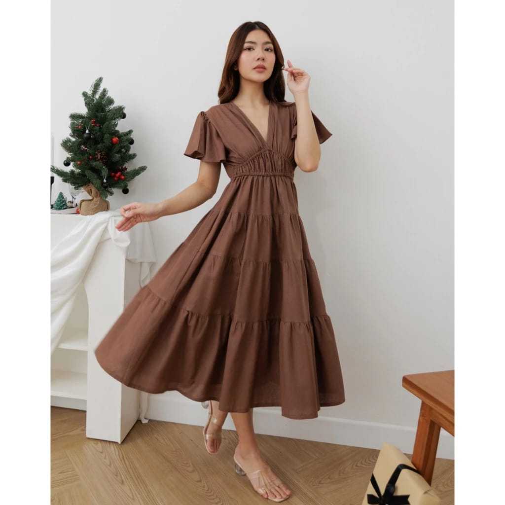 PROMO MEGAN midi dress wanita rok susun leher v tangan pendek korean style bahan rayon twill