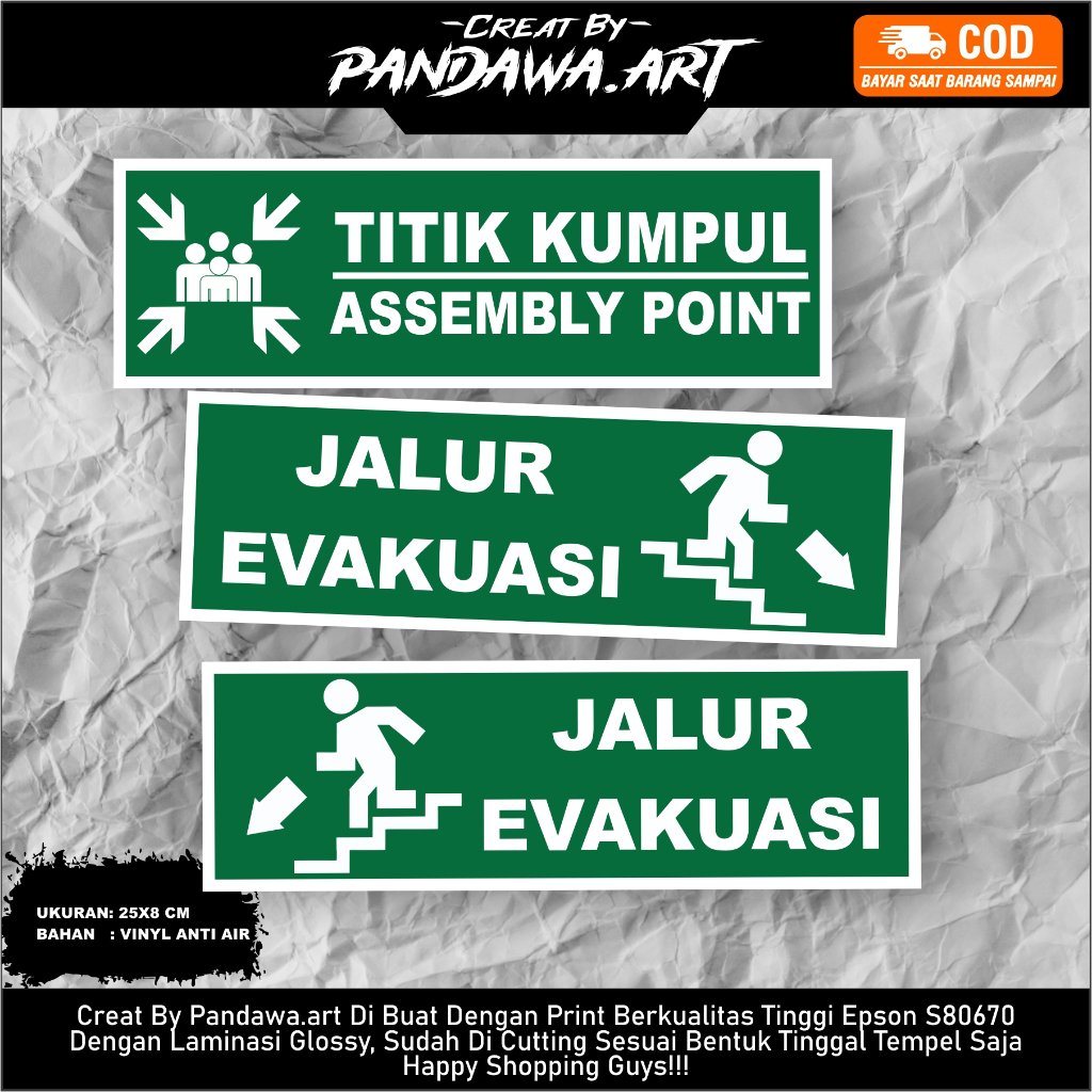 

Jalur Evakuasi / Stiker Jalur Evakuasi / Stiker Arah Evakuasi / Stiker Titik Kumpul / Stiker K3 / Stiker Safety