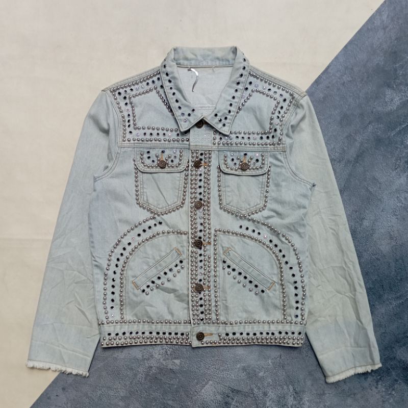 Jacket jeans trucker denim Saint Laurent Paris Light blue studded rhinestone trimmed SS16