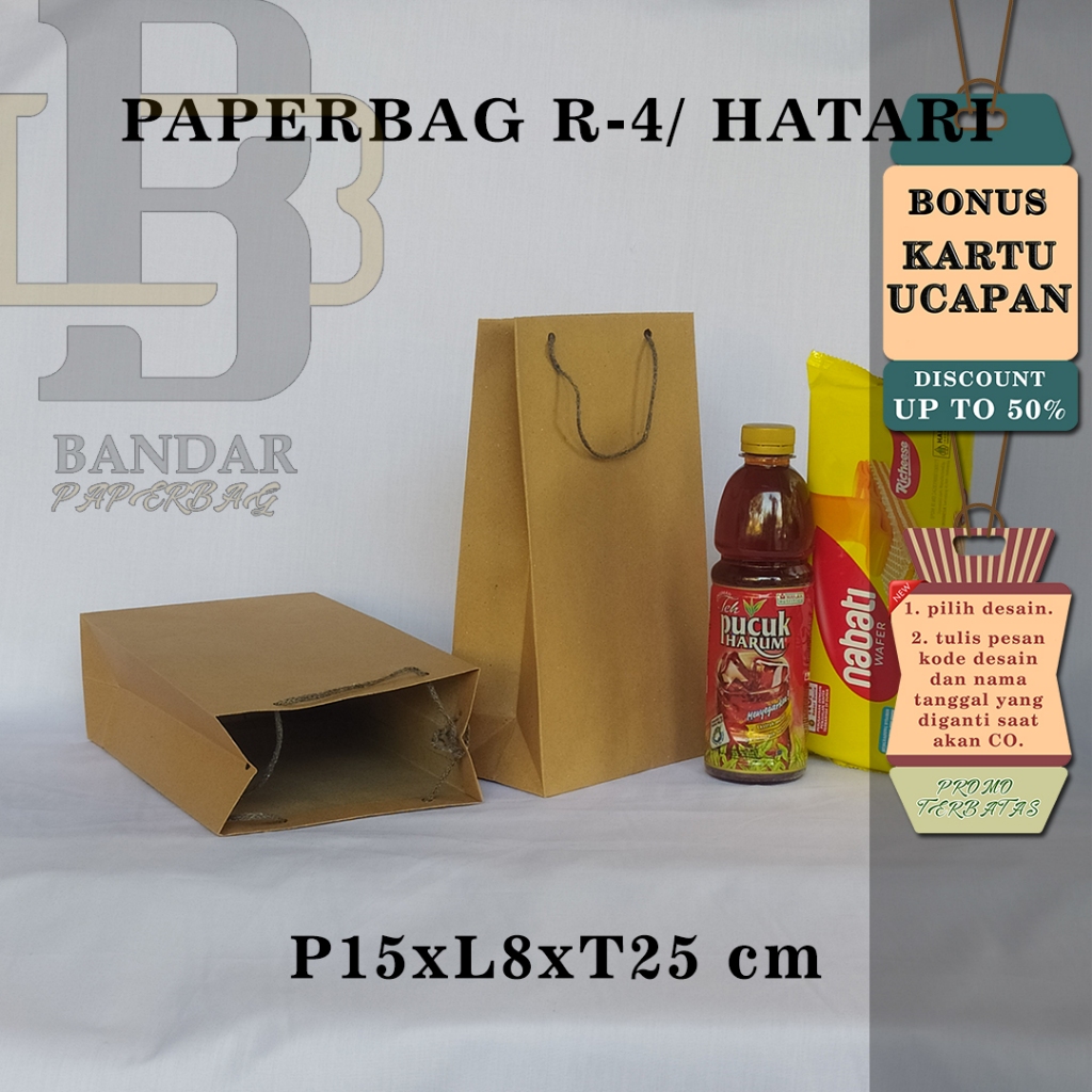 

PAPERBAG BONUS KARTU UCAPAN UKURAN R-4/HATARI (P15 x L8 x T25 CM) WARNA COKELAT POLOS