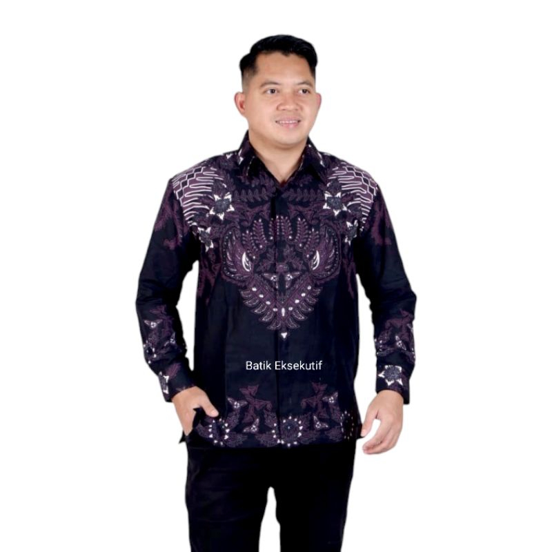 BATIK pria Motif Warna Hadi ningrat Ungu Kombinasi Hitam Hem Batik Atasan Kemeja Baju Batik Pria Cow