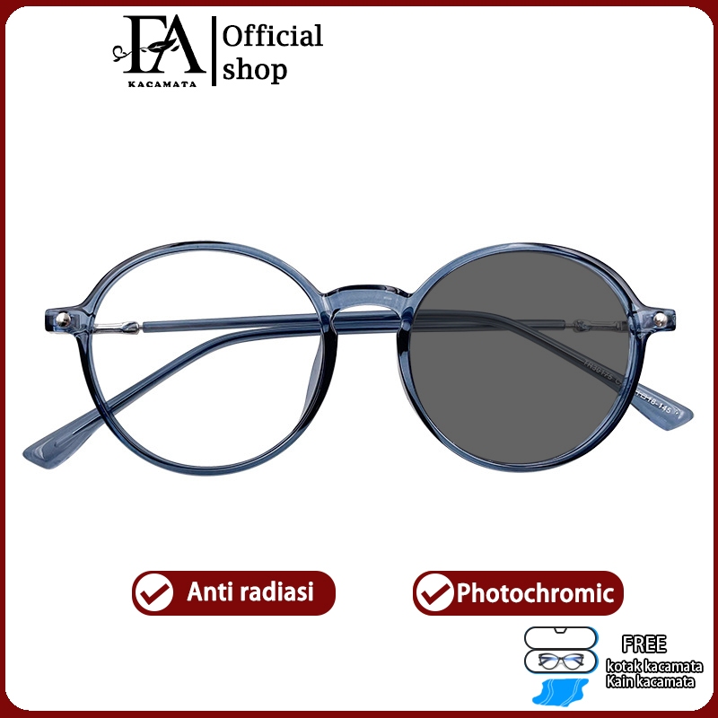 FOMAMATA Kacamata Fashion Wanita Photocromic Bingkai Bulat Logam Anti Radiasi Kaca Mata Optik