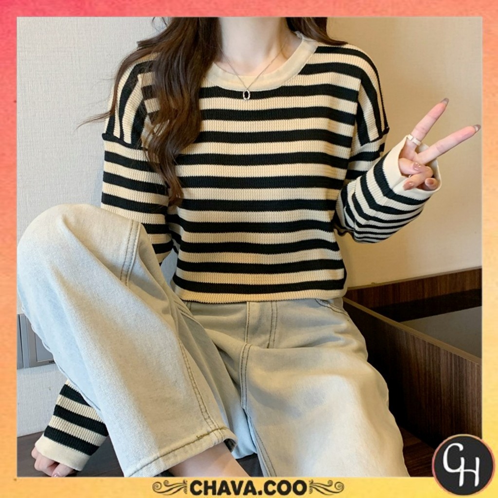 CHAVA | BJ1685 Baju Atasan Rajut Wanita Motif Belang lengan Panjang Rajut Korea Top Salur Fashion