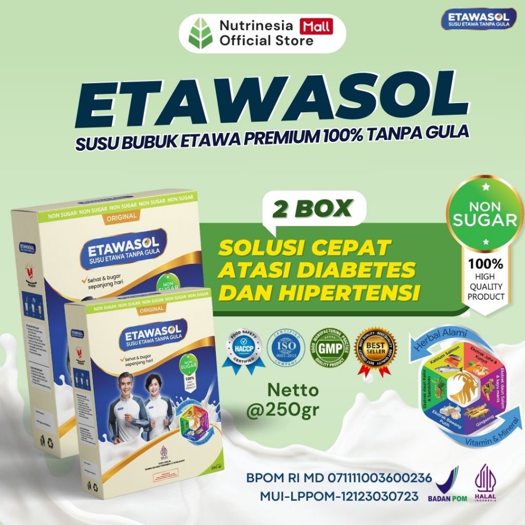 

Etawasol Susu Etawa Tanpa Gula Untuk Diabetes, Darah Tinggi, Nyeri Sendi dan Pernafasan Kemasan 250gr 2 Box