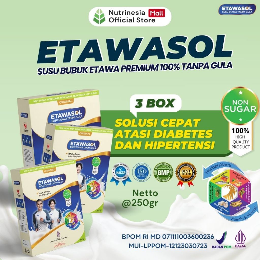 

Etawasol Susu Kambing Etawa 100% Tanpa Gula Untuk Diabetes, Hipertensi, Nyeri Sendi dan Pernafasan 250gr 3 Box