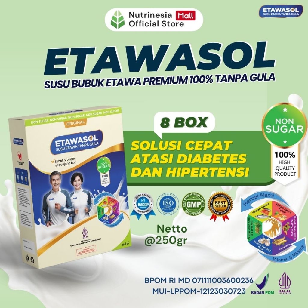 

Etawasol Susu Kambing Etawa 100% Tanpa Gula Untuk Diabetes, Hipertensi, Nyeri Sendi dan Pernafasan 250gr 8 Box