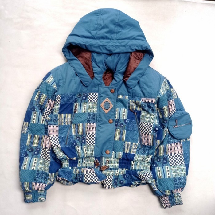 jaket vintage 90s Elbe Club padded hooded biker patchwork jacket snowboard boxy