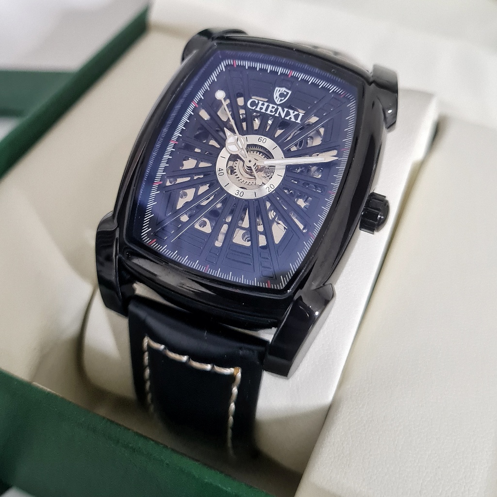 CHENXI Aenigma Jam Tangan Pria Original Automatic Otomatis Hitam Kulit Tanpa Baterai Anti Air
