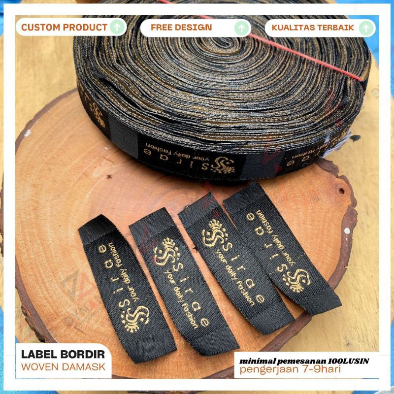 

(free design) Label woven, label hijab 1-2 cm, label custom design , label bordir , label pakaian