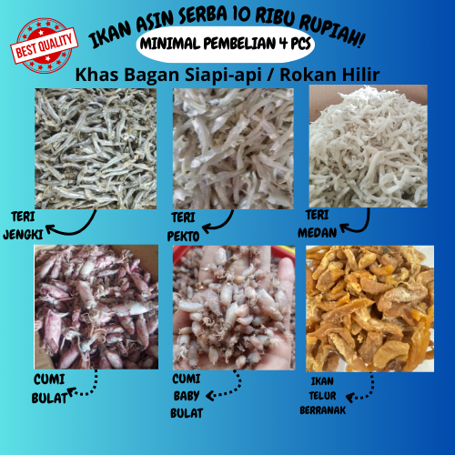 

IKAN ASIN Kering l Ikan Asin Murah l Ikan Asin Serba 10000 l Ikan Asin Teri Medan Bontio Gabus Samge Jambal Sepat Dendeng Peda Rebon Cue Layang Cucut Dll