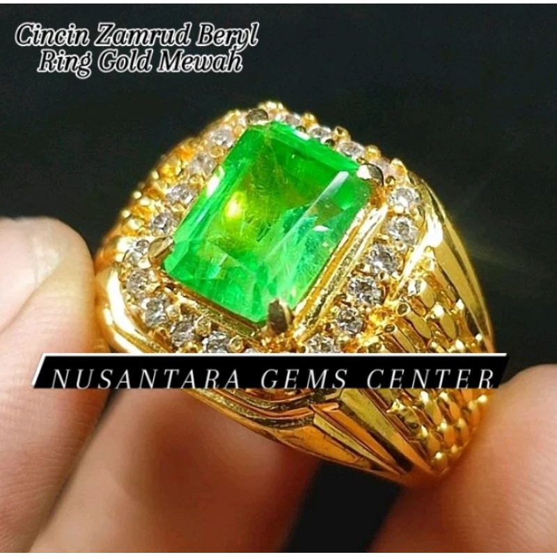 Cincin Pria Permata Jamrud Beryl Cutting Kotak Mewah