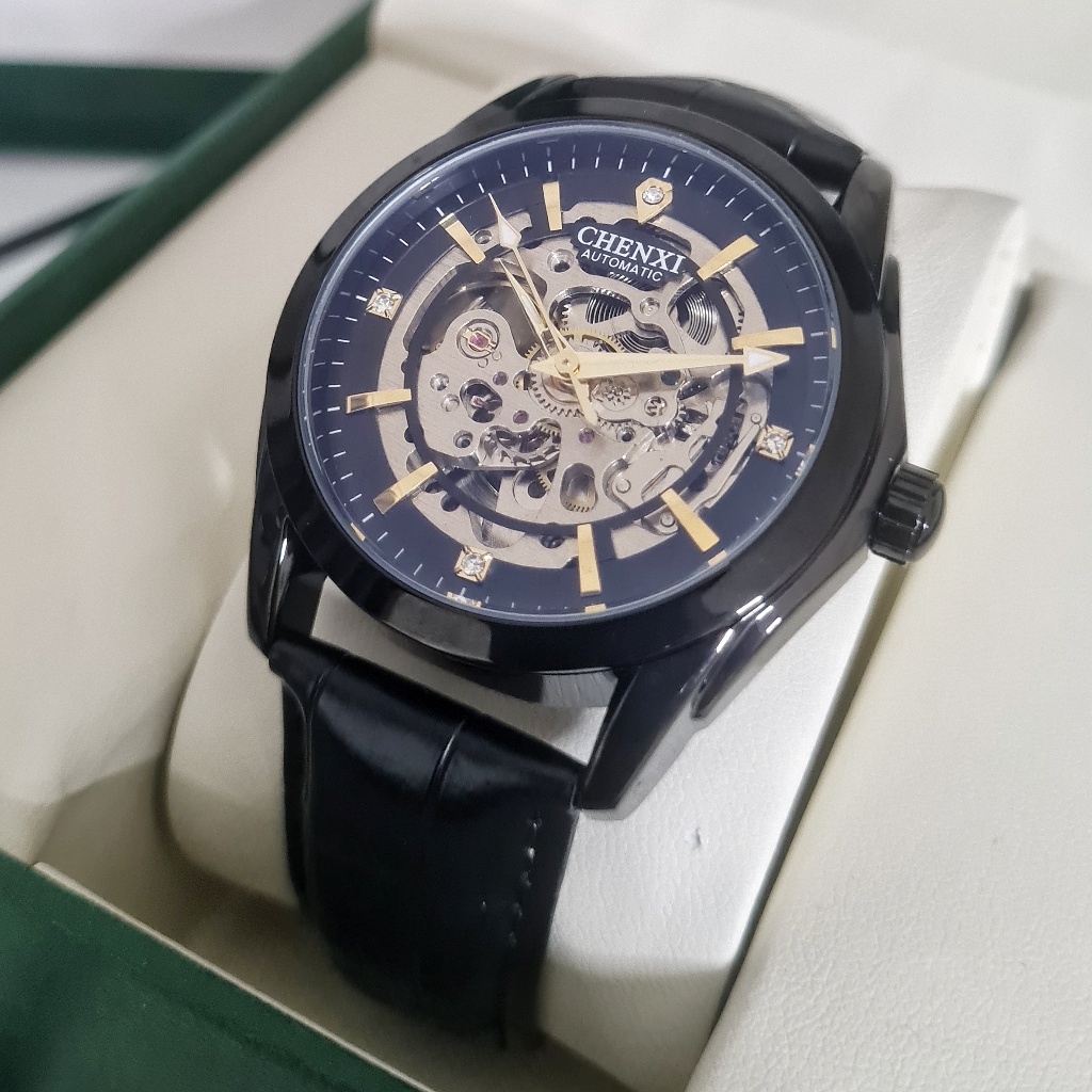 CHENXI Invisibilis Jam Tangan Pria Original Automatic Otomatis Hitam Tanpa Baterai Skeleton Anti Air