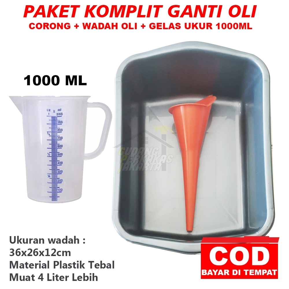 PAKET GANTI OLI MOTOR MOBIL WADAH CORONG GELAS UKUR 1000ML / PAKETAN GANTI OLI / WADAH OLI / CORONG 