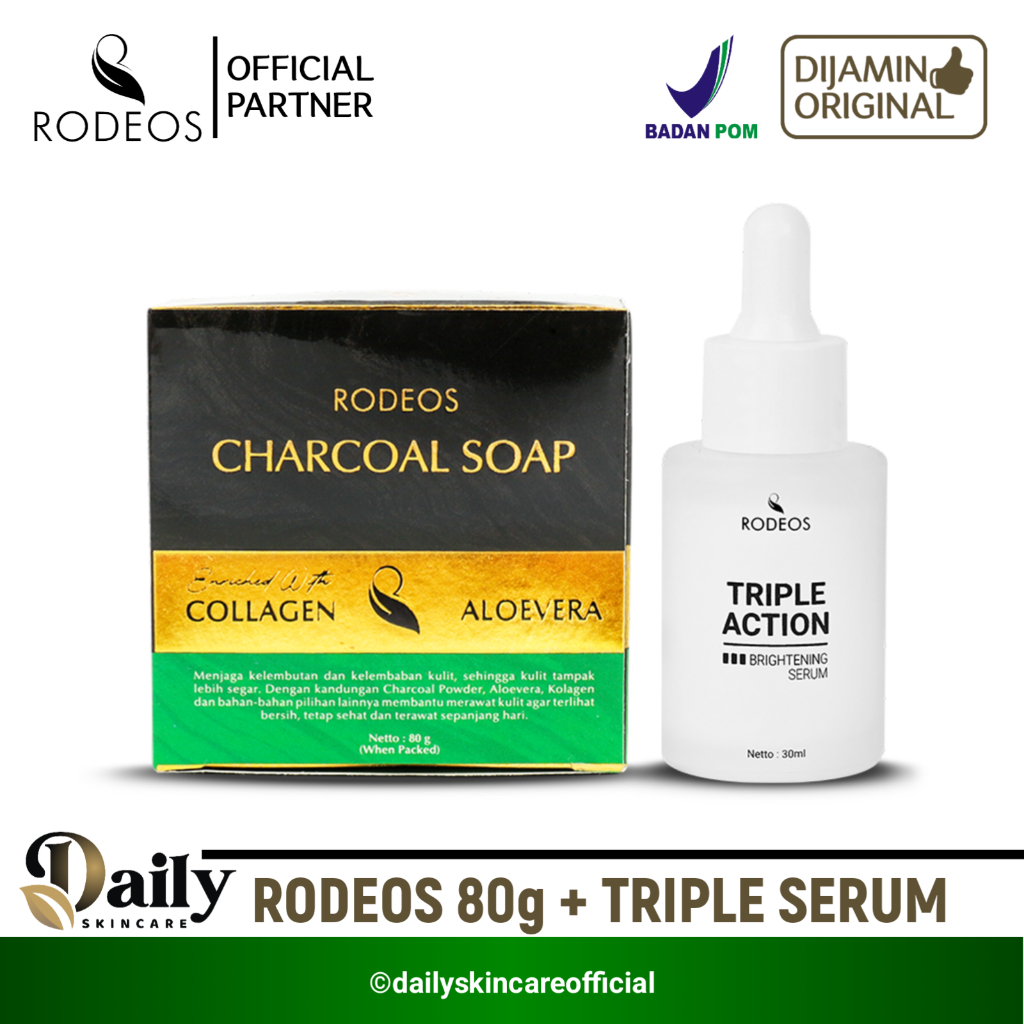 Rodeos Men PAKET GLOWING & ANTI ACNE Rodeos Charcoal Soap & Rodeos Triple Action Brightening Serum