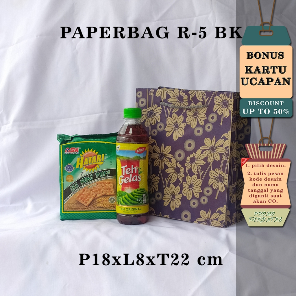 

PAPERBAG| TAS KERTAS| TAS HAJATAN| BONUS KARTU UCAPAN| UK R-5 BK MOTIF 1 WARNA UK P18 x L8 x T22 CM