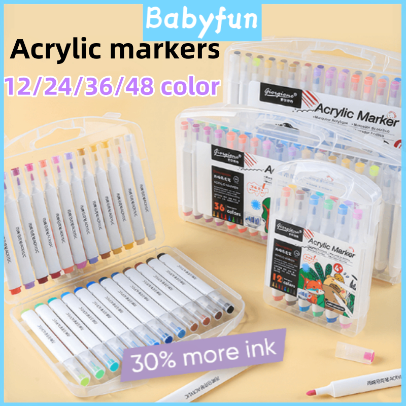 

【Ready stock】Acrylic Marker Set Spidol Akrilik 12/24/36/48 Warnas Washable Color Pens Water-based Soft-head Color Pens