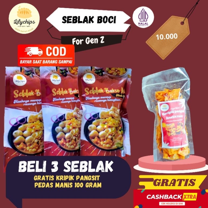 

Beli 3 Seblak Instan baso aci gratis kulit pangsit pedas 100 gram