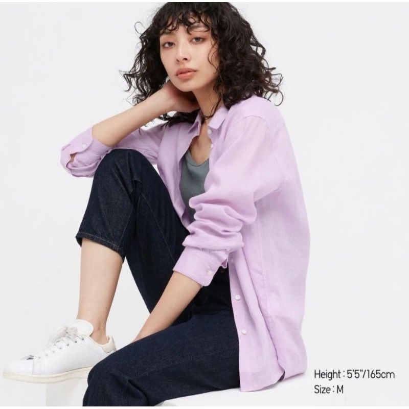 kemeja linen uniqlo baby pink