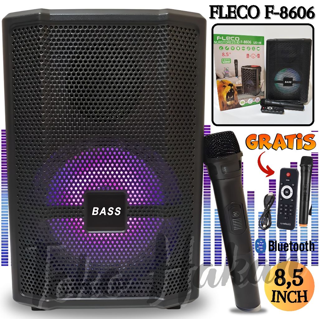 Speaker Bluetooth Fleco F-8606 LED AB  / Speaker 8,5 Inch Bonus Mic Wireles + Remote + Kabel Charger