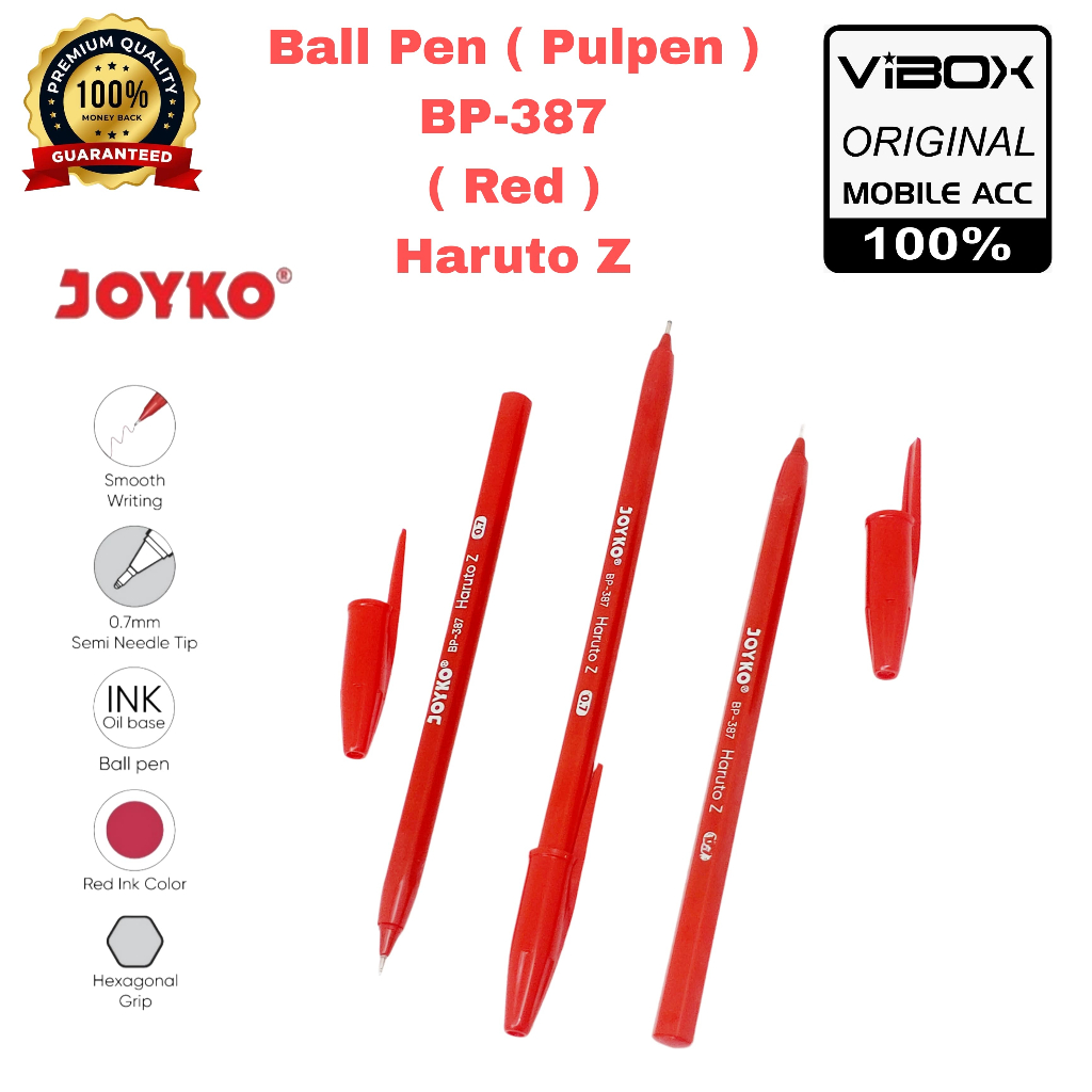 

( 5Pcs ) Pena Merah Joyko Original PulPen Red ink Color Edition BP-387 Haruto Z 0.7 mm Hexagonal Grip Premium [RSJ]