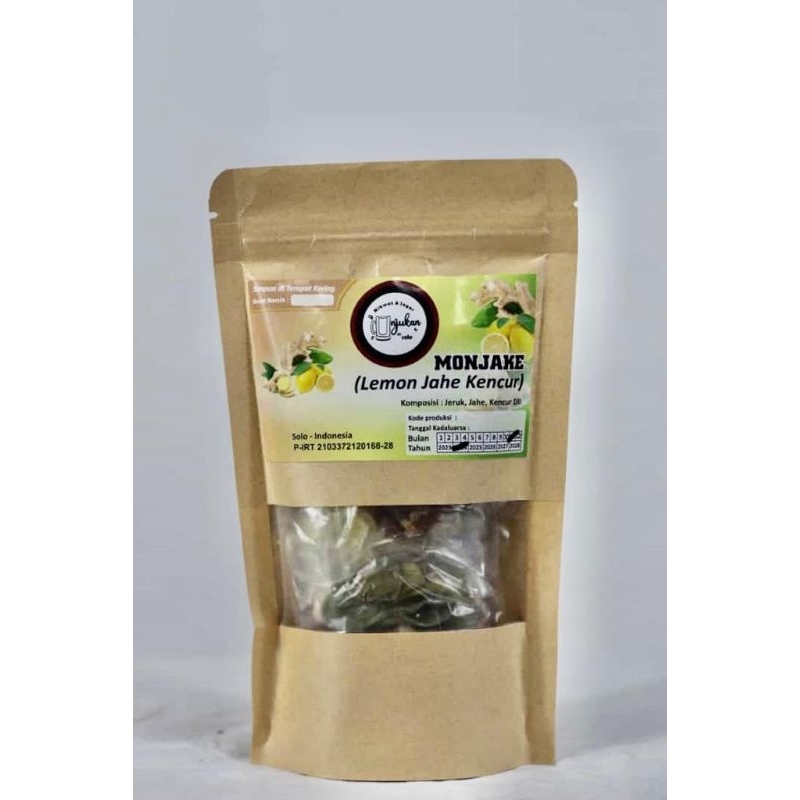 

MONJAKE (Lemon Jahe Kencur) / antioksidan / pereda batuk / gula batu, gula aren / gula dikemas terpisah / kemasan pouch @Unjukan.solo