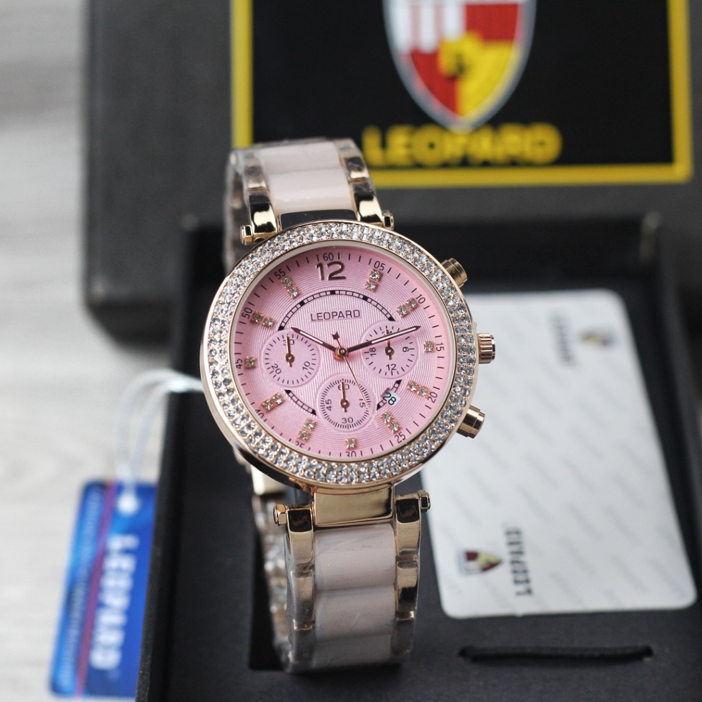 Jam tangan Wanita Leopard 2860 tali rantai keramik tanggal aktif chrono off analog original