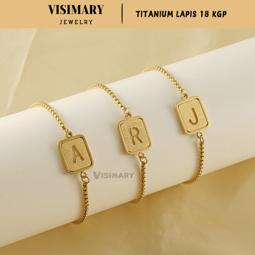 VISIMARY - G71 Gelang Tangan Wanita Titanium Premium Serut Huruf Persegi Pasir Gold Lapis Emas 18K