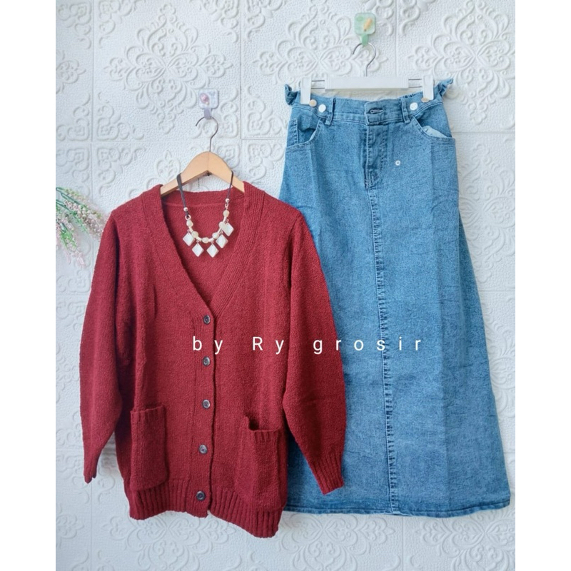 Setelan Wanita Kardigan Rajut Tebal Rok Span Jeans Jumbo