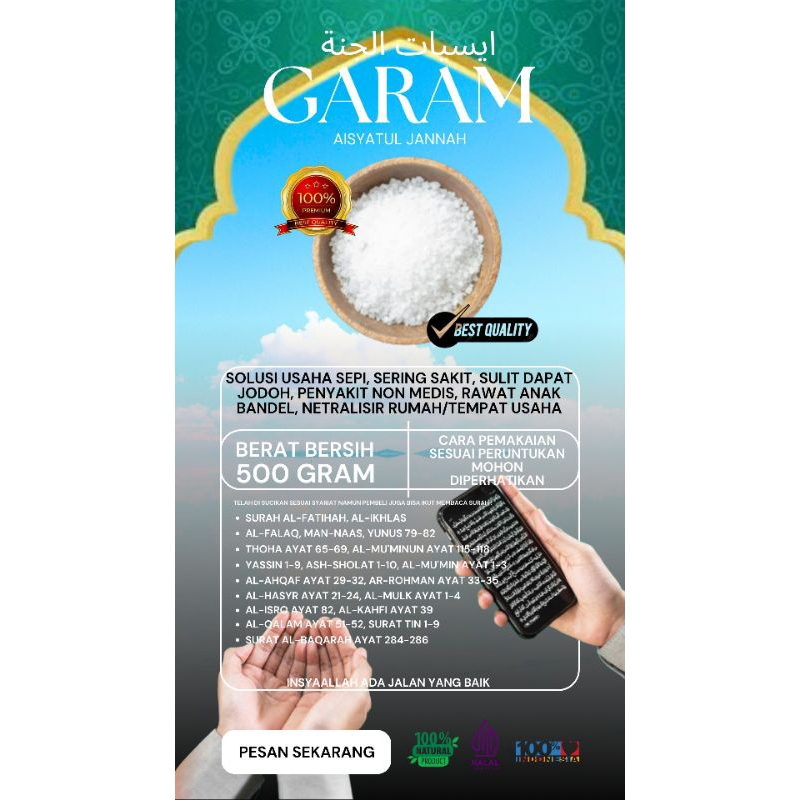 

Garam Ruqyah Aisyatul Jannah - 500 gram - Solusi Usaha Sepi, Sering Sial, Sulit Dapat Jodoh, Penyakit Non Medis, Meruqyah Anak Yang Bandel Rewel, Menetralisir Rumah/Tempat Usaha, Viral Paling Dicari