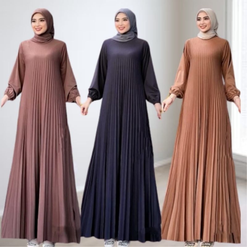 Gamis Plisket Premium Lengan Panjang/Gamis Wanita Plisket Terbaru