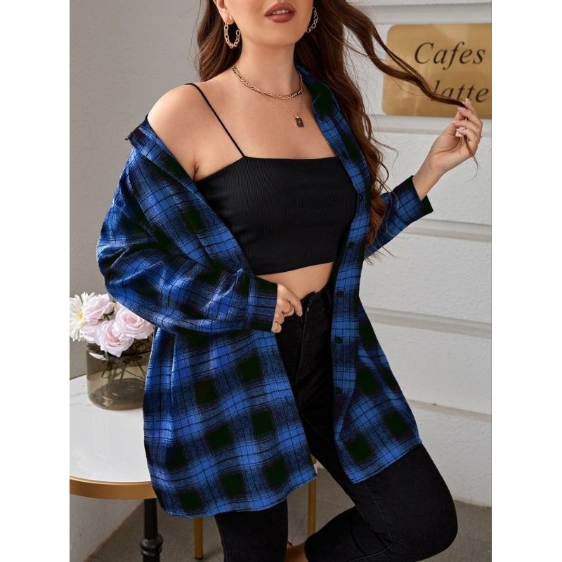 Kemeja Flanel Pria Wanita Kotak Catur Biru Lengan Panjang Atasan Outer Kualitas Unisex