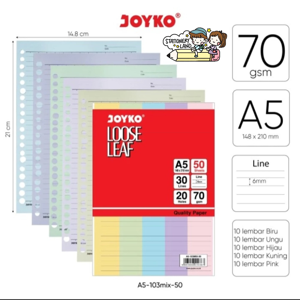 

( StaLand / DAPAT 1 PAK ) LOOSE LEAF JOYKO A5 WARNA 50 LEMBAR / Isi Kertas File Binder Joyko Warna A5 50 Lembar Original Asli