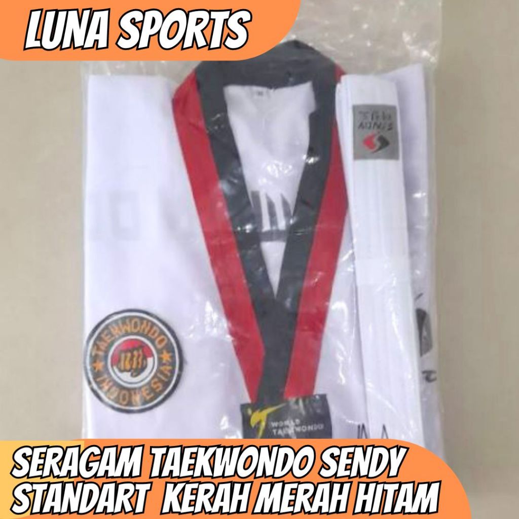 TERMURAH SERAGAM (DOBOK) TAEKWONDO PEMULA KERAH MERAH HITAM SENDY