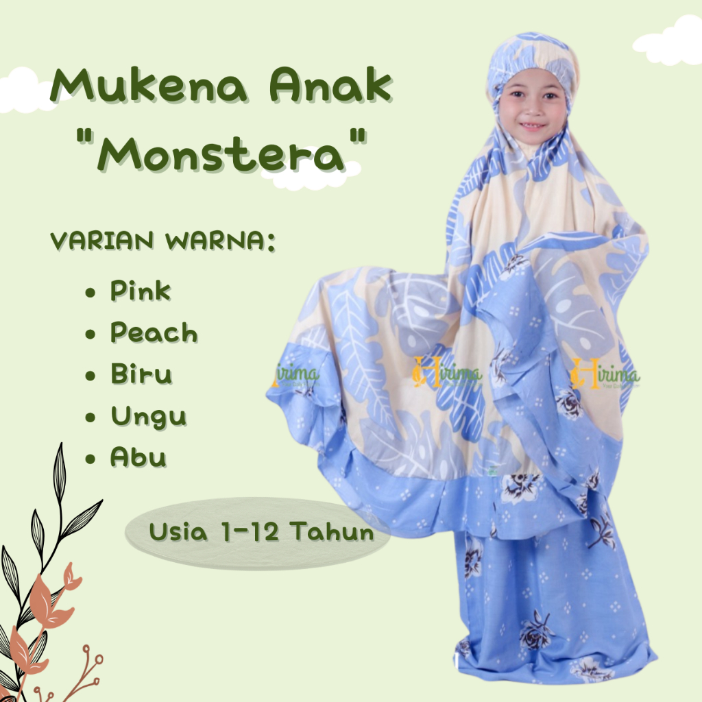 Mukena Anak Adem dan Modis | Monstera | Motif Daun dan Bunga Mawar | Mukena Rayon / Mukena Bali