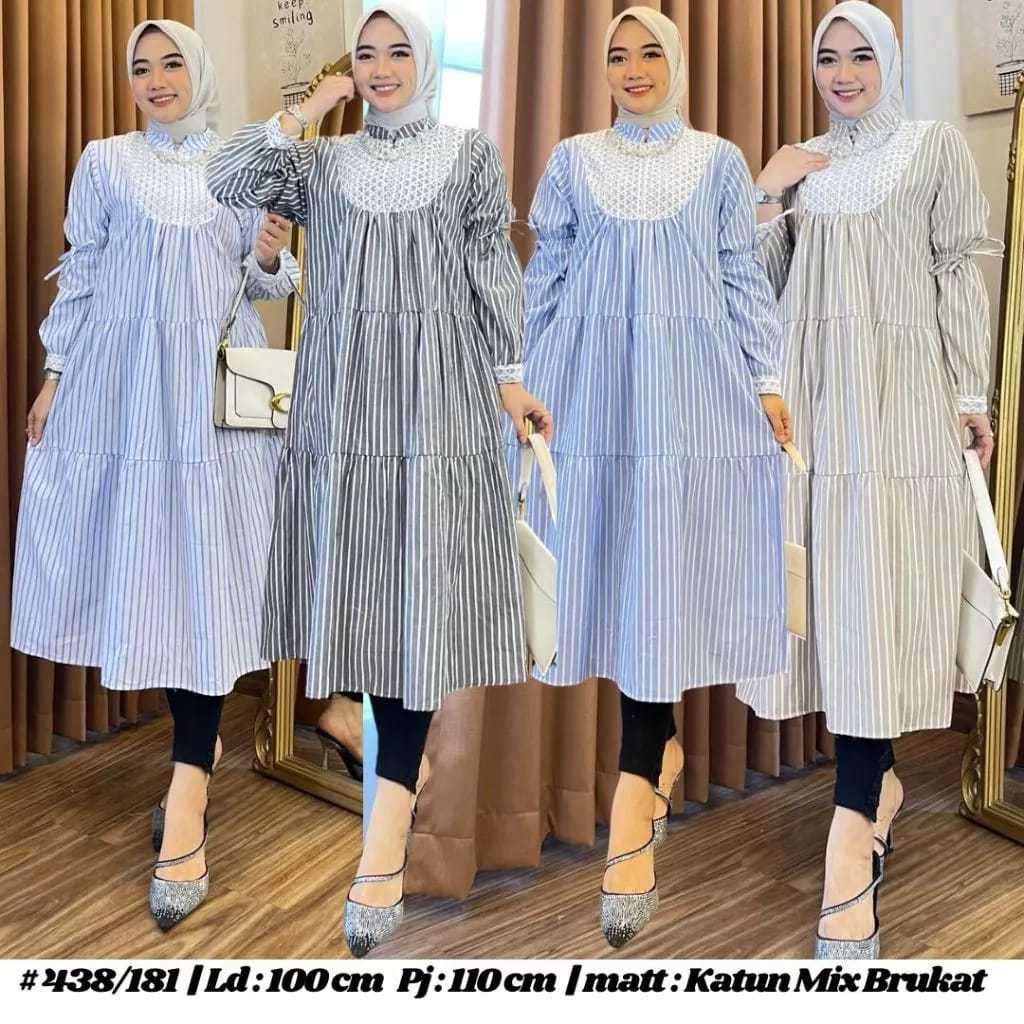 Yumna Midi Dress Motif Salur Mix Brukat Midi Dress Terbaru 2024 Dress wanita Kekinian