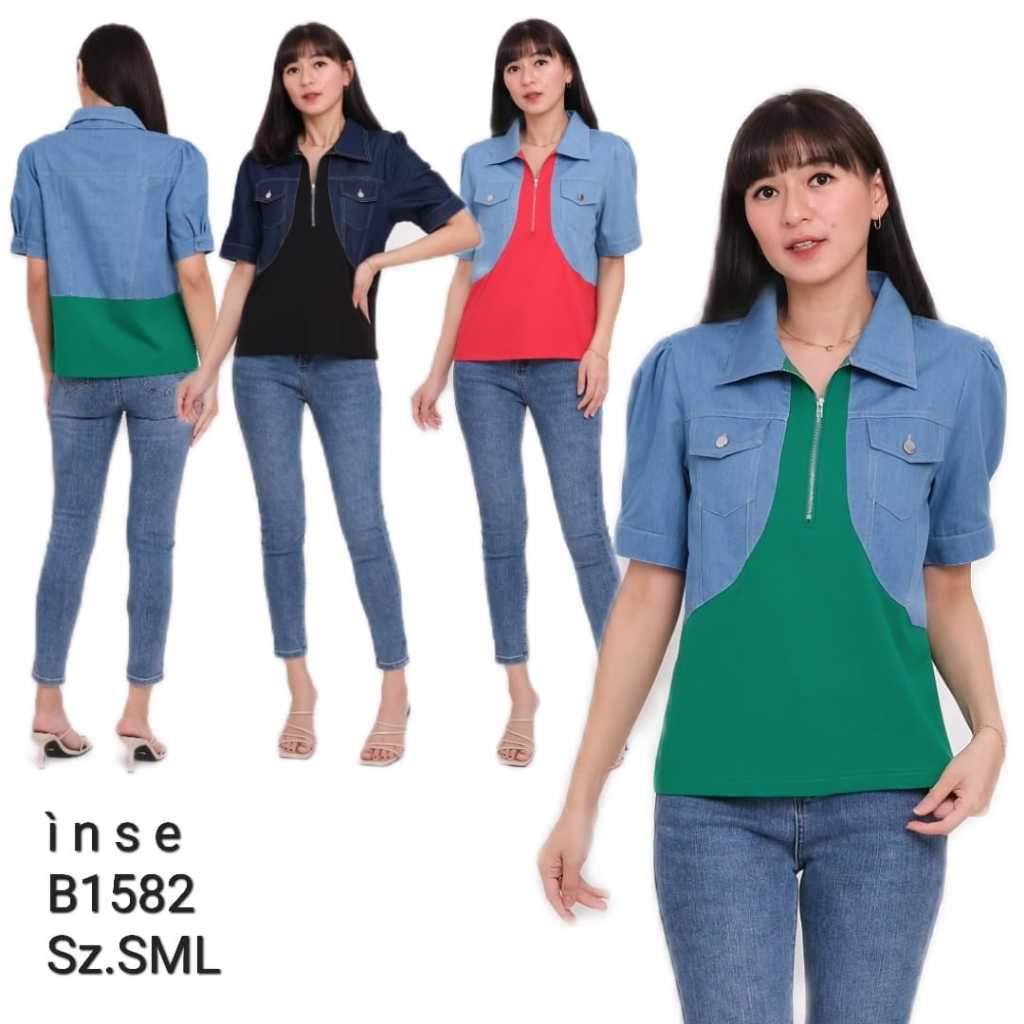 Baju Wanita Model Kerah Kombinasi Jeans - INSE 1582 Warna Hijau