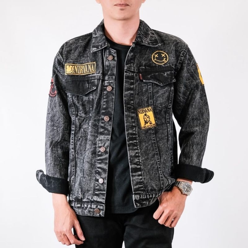 Jaket Jeans Pria Distro SLVHX Nirvana Hitam Sandwash Bordir Jaket Denim Cowok Patch Oversize M-XXXL 