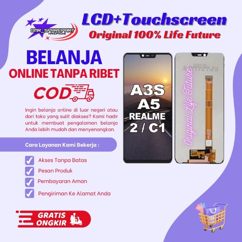 LCD FULLSET+Touchscreen OPPO A3s/A5/ Realme2/ C1 Original 100% Life Future