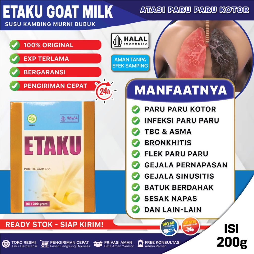 

Susu Pembersih Paru Paru Kotor Sesak Nafas Asma Tbc Flek Bronkitis Batuk Perokok Herbal Etaku Goat Milk Asli 100% Original