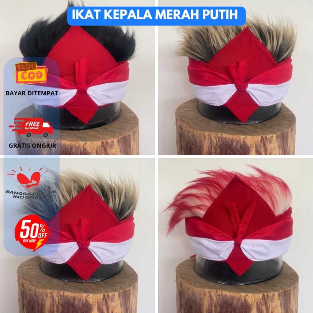 Ikat Kepala Merah Putih Spesial Kemerdekaan / Udeng Rambut Palsu / Blangkon Rambut Palsu / Udeng Sun