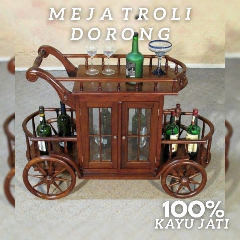 meja troli dorong gerbong / meja teh troli / meja troli kayu jati / mebel jepara