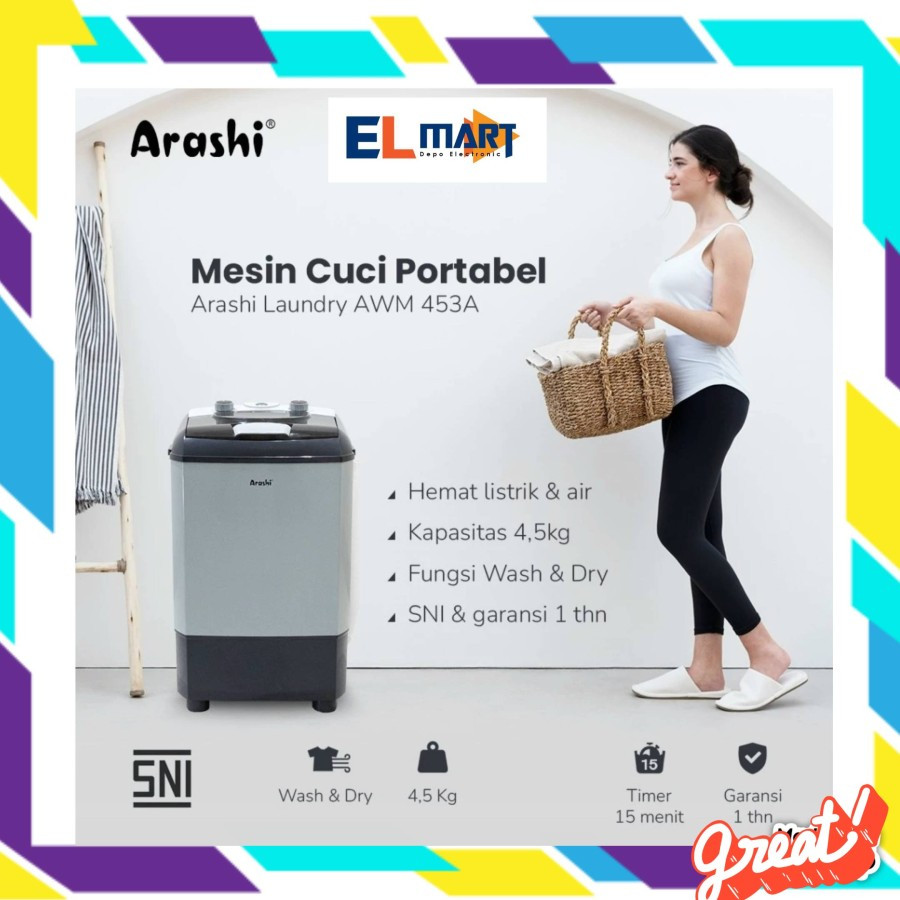 Arashi Mesin Cuci Portable AWM 453 A 453A 4,5 kg Mesin Cuci dan Pengering Link INSTAN