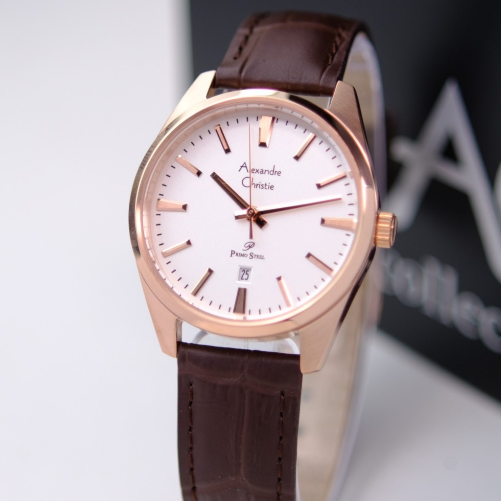 Jam Alexandre Christie Wanita Terbaru 2024 Original AC 1035 Kulit Rosegold White Brown