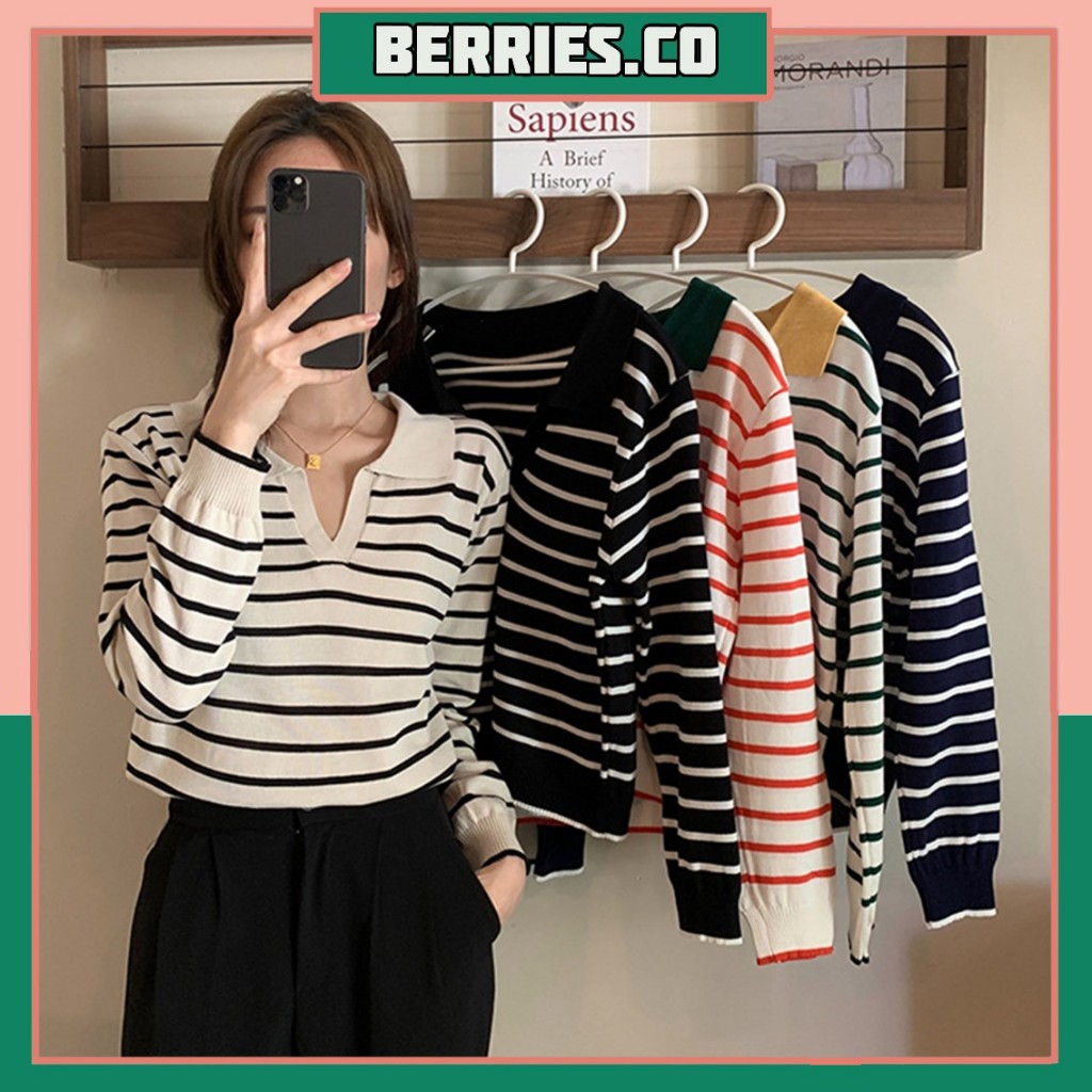 BRI*BJ1618 Baju Knitwear Sweater Crop Rajut Sweater Garis Bahan Rajut  CropTop Lengan Panjang