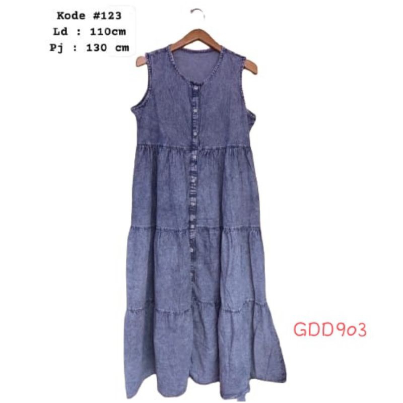GDD903 Dress Wanita Jeans Denim Jumbo LD110 PJ130 Full kancing tanpa lengan model ruffle