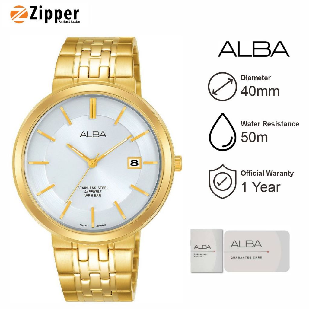 Jam Tangan Pria ALBA AS9D72 White Dial Sapphire Crystal Gold Stainless Steel