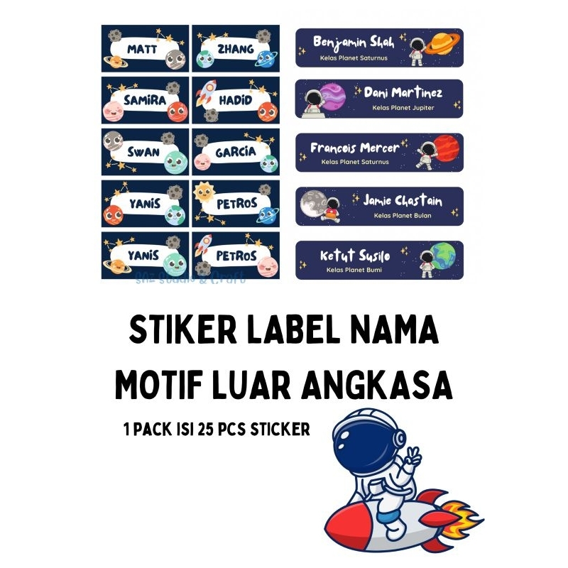 

25 Pcs Sticker Label Nama Motif Luar Angkasa Astronot